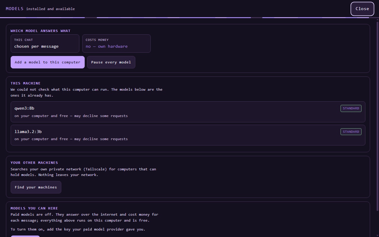 PAVONA Models pane showing locally installed models and availability information.