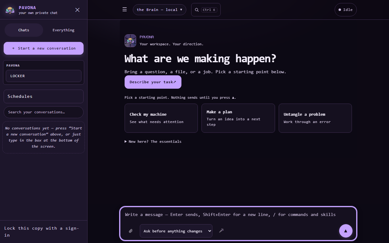 PAVONA's local workspace with conversation starters, model choice, and a permission control beside the message box.